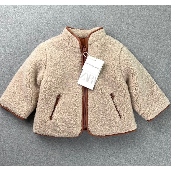 Zara Baby 6-9 Months Reversible Fleece Jacket Cream Brown Neutral Sherpa Zip Up